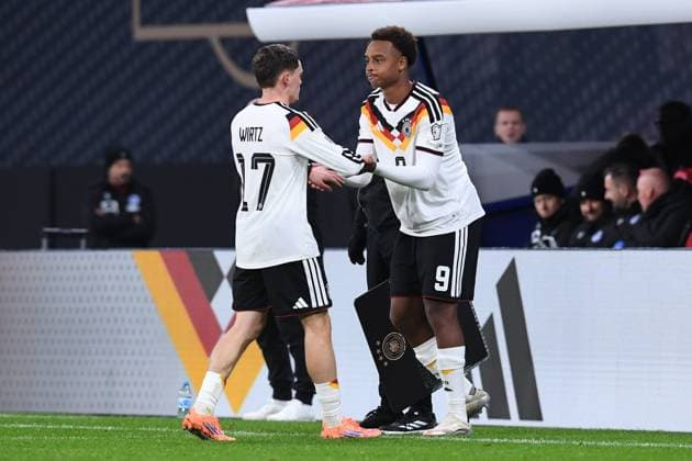 Soccer World Cup Qualification Germany Slovakia on 17 11 2025 at the Red Bull Arena in Leipzig Florian Wirtz Germany , left Assan Ouedraogo Germany , right DFB regulations prohibit any use of photographs as image sequences and or quasi video xRx
