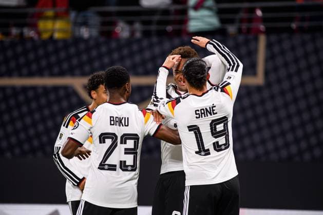 LEIPZIG, GERMANY - 17 NOVEMBER, 2025: Ridle Baku, Leroy Sane, Assan Ouedraogo - The World Cup 2026 qualifying match Germany vs Slovakia at Red Bull Arena.  Copyright: xVitaliixKliuievx