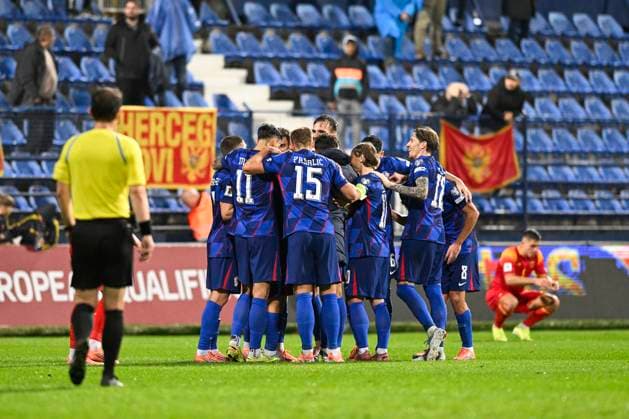 Montenegro v Croatia - FIFA World Cup, WM, Weltmeisterschaft, Fussball 2026 Qualifier PODGORICA, MONTENEGRO - NOVEMBER 17: Players of Croatia celebrate their win 3-2 after the FIFA World Cup 2026 qualifier match between Montenegro and Croatia at Podgorica City Stadium on November 17, 2025 in Podgorica, Montenegro.  StefanxIvanovic PIXSELL