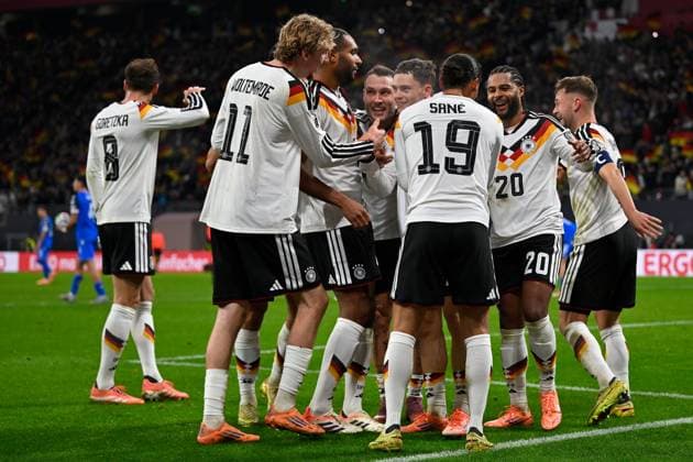 (251118) -- LEIPZIG, Nov. 18, 2025 -- Leroy Sane (3rd R) of Germany celebrates scoring with his teammates during the 2026 World Cup European Qualifiers football match between Germany and Slovakia in Leipzig, Germany, Nov. 17, 2025. (Photo by Xinhua) (SP)GERMANY-LEIPZIG-FOOTBALL FIFA World Cup, WM, Weltmeisterschaft, Fussball EUROPEAN QUALIFIERS-GERMANY VS SLOVAKIA UlrichxHufnagel 
