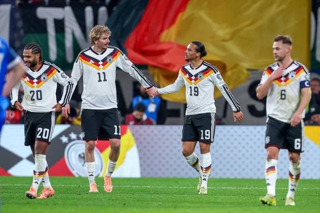 17 11 2025, Football, International match, World Cup Qualification Europe, Germany Slovakia, Red Bull Arena Leipzig , Matchday 10, Season 2025 2026 Goal celebration after the goal to 3 0 by scorer Leroy Sane GER 19 together with Nick Woltemade GER 11 Regulations prohibit any use of photographs as image sequences and or quasi video Sachsen Deutschland