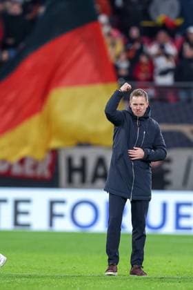 17 11 2025, Football, International match, World Cup Qualification Europe, Germany Slovakia, Red Bull Arena Leipzig , Matchday 10, Season 2025 2026 Joy after the 6 0 victory of the German team Closing cheer National coach Julian Nagelsmann GER hc jubilantly raises his fist upwards Regulations prohibit any use of photographs as image sequences and or quasi video Sachsen Deutschland