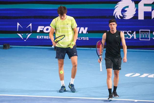 Alexey VATUTIN and Beibit ZHUKAYEV (KAZ) during ATP, Tennis Herren Challenger Bergamo, International Tennis match in Bergamo, Italy, November 18 2025  Copyright: xRobertaxCorradin IPAxSportx xipa-agency.netx xx IPA_68085141 IPA_Agency_IPA68085141