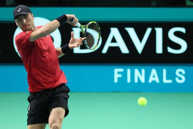 Belgian Raphael Collignon pictured in action during a tennis match against French Moutet, the first match of the Davis Cup quarter-finals Belgium and France, in Bologna, Italy, on Tuesday 18 November 2025. Davis Cup top eight Finals takes place in Bologna from November 18 to 23. BENOITxDOPPAGNE  x142467282x