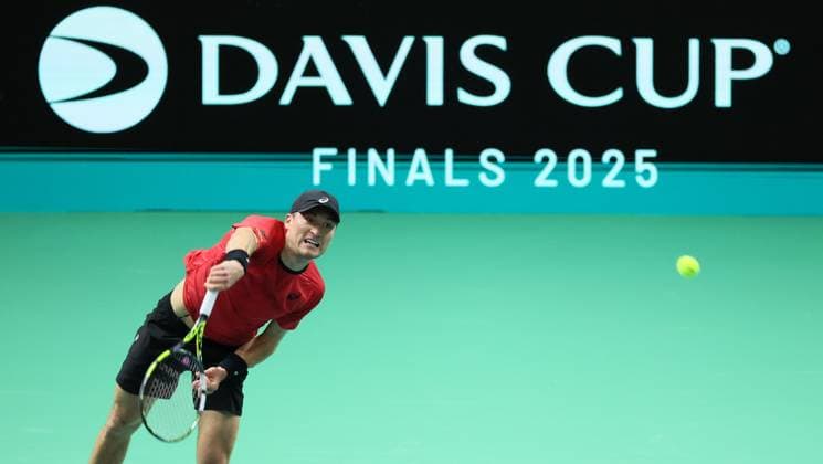 Belgian Raphael Collignon pictured in action during a tennis match against French Moutet, the first match of the Davis Cup quarter-finals Belgium and France, in Bologna, Italy, on Tuesday 18 November 2025. Davis Cup top eight Finals takes place in Bologna from November 18 to 23. BENOITxDOPPAGNE  x142476599x