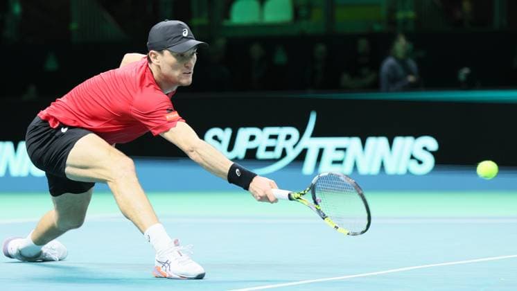 Belgian Raphael Collignon pictured in action during a tennis match against French Moutet, the first match of the Davis Cup quarter-finals Belgium and France, in Bologna, Italy, on Tuesday 18 November 2025. Davis Cup top eight Finals takes place in Bologna from November 18 to 23. BENOITxDOPPAGNE  x142483840x