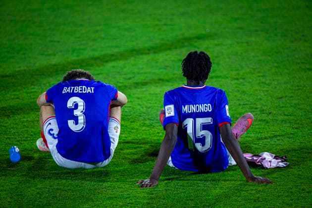World Cup Football FIFA U17, U 17 World Cup Qatar 2025, Brazil vs France Round of 16 Mourning, disappointment for France Lucas Batbedat France U17, 3 Believe Munongo France U17, 15 Copyright: xRedhaxHosnixSegganix