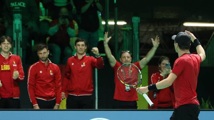 Belgian Raphael Collignon celebrates during a tennis match against French Moutet, the first match of the Davis Cup quarter-finals Belgium and France, in Bologna, Italy, on Tuesday 18 November 2025. Davis Cup top eight Finals takes place in Bologna from November 18 to 23. BENOITxDOPPAGNE  x142486563x