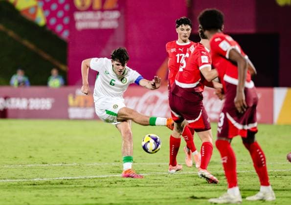 2025 FIFA Under 17 World Cup Round of 16, Aspire Zone Pitch 1, Doha, Qatar 18 11 2025 Switzerland vs Ireland Ireland s Rory Finneran shot on goal Rory Finneran shot on goal 18 11 2025  Copyright: x INPHOx IMG_0526