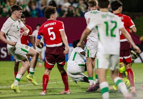 2025 FIFA Under 17 World Cup Round of 16, Aspire Zone Pitch 1, Doha, Qatar 18 11 2025 Switzerland vs Ireland Ireland™s Vinnie Leonard scores his sides 1st goal of the match Vinnie Leonard scores his sides 1st goal of the match 18 11 2025  Copyright: x INPHOx IMG_0560