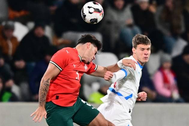 Goncalo Oliveira of Portugal, left, and Lukas Masek of Czech Republic in action during the European Championship, EM, Europameisterschaft 2027 U21, U 21 Group B qualification match Czech Republic vs Portugal in Hradec Kralove, Czech Republic, November 18, 2025. (CTKxPhoto DavidxTanecek) CTKPhotoP2025111806515  CTKPhotoP2025111806515
