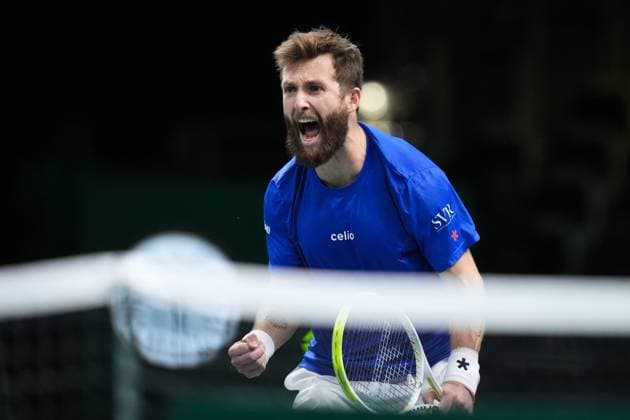 Corentin Moutet celebrates during 20245 Davis Cup Finals 2025 Quarterfinals match between Corentin Moutet (France) and Raphael Collignon (Belgium) at Bologna Fiere, Bologna, Italy - November 18, 2025. - Tennis.  Copyright: xMassimoxPaolone LaPressex