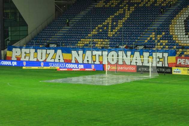November 18, 2025, FIFA World Cup, WM, Weltmeisterschaft, Fussball Qualifier, Qualifying round, Matchday 10, Group H, Romania vs San Marino,Stadionul Ilie Oana, Ploiesti, Romania Ilie Oana stadiub befor the startb of the game with rain protection infront of the goal.