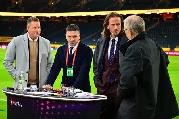 Swedish broadcaster Viaplay studio with Niklas Jidhe, Bojan Djordjic, Jonas Olsson and Lars Lagerback ahead of the FIFA World Cup, WM, Weltmeisterschaft, Fussball Qualifiers game on November 18th 2025 between Sweden and Slovenia at Strawberry Arena in Solna, Sweden Copyright: xPeterxSonander SPPx Sportspressphoto_SPR63517
