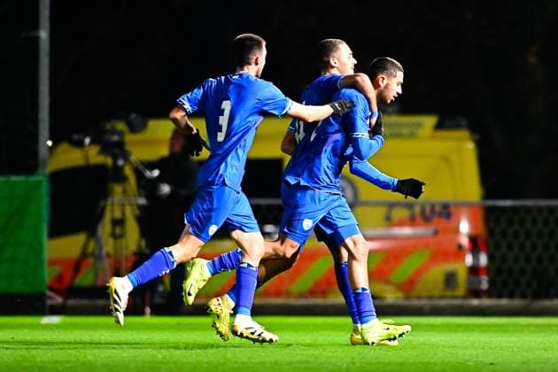 BUDAORS , 18-11-2025 , BSC Stadium , season 2025 2026 , UEFA European U21, U 21 Football 2025 , Qualifying round , match day 7 , match between Israel U21 and Netherlands U21 , picture shows Israel U21 celebrating the 1-1 of Israel U21 player Mohamed Abu Rumi Israel vs Netherlands (U21)  x32084458x Copyright: