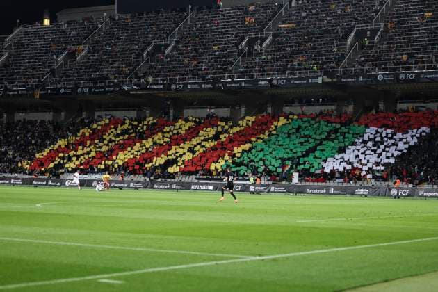 November 18, 2025, Barcelona, Barcelona, SPAIN: Mosaic with the flags of Catalonia and Palestine during the International Friendly, Länderspiel, Nationalmannschaft match between Catalonia and Palestine at Estadi Olimpic Lluis Companys on November 18, 2025 in Barcelona, Spain. Barcelona SPAIN - ZUMAa181 20251118_zaa_a181_062 Copyright: xJavierxBorregox