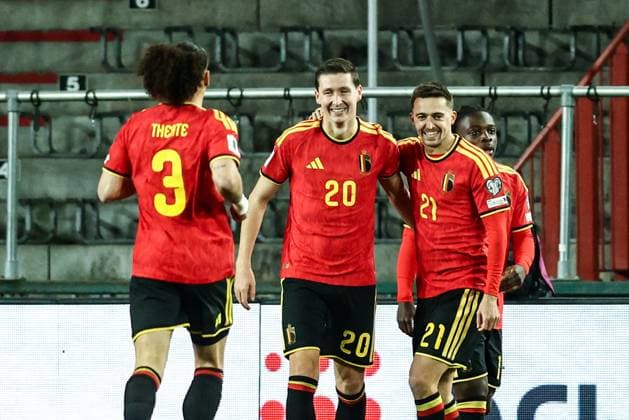 Belgium s Hans Vanaken celebrates after scoring during a soccer game between Belgium s Red Devils and Liechtenstein, the last FIFA World Cup, WM, Weltmeisterschaft, Fussball 2026 qualification match, in Liege on Tuesday 18 November 2025. BRUNOxFAHY  x142517580x