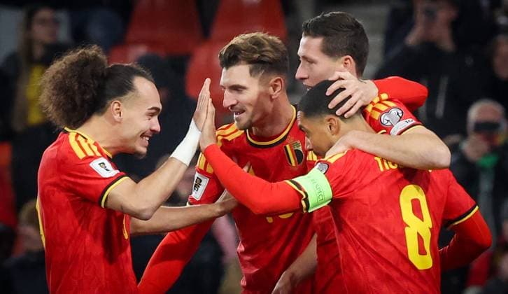 Belgium s Hans Vanaken celebrates after scoring during a soccer game between Belgium s Red Devils and Liechtenstein, the last FIFA World Cup, WM, Weltmeisterschaft, Fussball 2026 qualification match, in Liege on Tuesday 18 November 2025. VIRGINIExLEFOUR  x142517733x