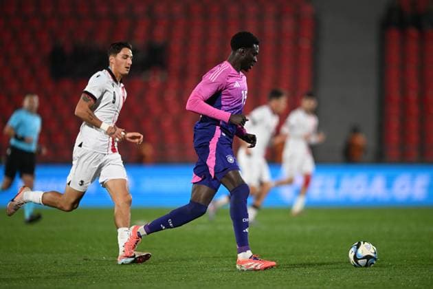 European Under-21 Championship 2027 qualifying round, Georgia 0-2 Germany, Joshua Quarshie ( 15 of Germany Under-21), Diego Deisadze ( 9 of Georgia Under-21) , November 18, 2025, Mikheil Meskhi stadium, Tbilisi, Georgia Copyright: xx European Under-21 Championship 2027 qualifying round, Georgia 0-2 Germany-08