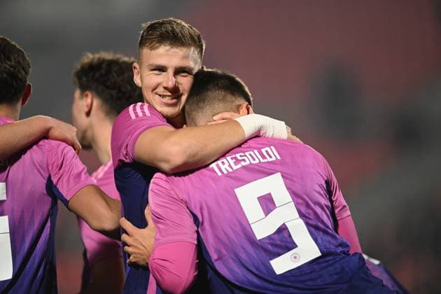 European Under-21 Championship 2027 qualifying round, Georgia 0-2 Germany, Finn Jeltsch ( 4 of Germany Under-21) and Nicolo Tresoldi ( 9 of Germany Under-21) , November 18, 2025, Mikheil Meskhi stadium, Tbilisi, Georgia Copyright: xx European Under-21 Championship 2027 qualifying round, Georgia 0-2 Germany-23