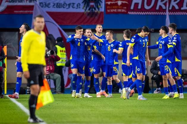 AUSTRIA - BOSNIA AND HERZEGOVINA Haris Tabakovic of Bosnia and Herzegovina celebrates a goal with his teammates during European qualifier of FIFA World Cup, WM, Weltmeisterschaft, Fussball WM, Weltmeisterschaft, Fussball 2026 football match between Austria and Bosnia and Herzegovina. Ernst Happel Stadion, Vienna, Austria, November 18, 2025. Photo by Branislav Racko Copyright: xx 080A0515