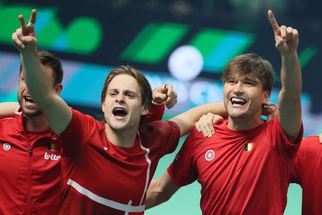 Belgian Zizou Bergs and Raphael Collignon celebrate after winning their matches at the Davis Cup quarter-finals between Belgium and France, in Bologna, Italy, on Tuesday 18 November 2025. Davis Cup top eight Finals takes place in Bologna from November 18 to 23. BENOITxDOPPAGNE  x142519792x