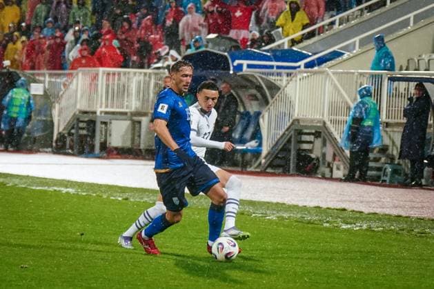 Soccer World Cup Qualification 2025 26, 10 Matchday Kosovo vs Switzerland Fadil Vokrri Stadium Pristina Mergim Vojvoda Mergim Vojvoda Kosovo, 15 Ruben Vargas Switzerland, 17 Pristina Kosovo Copyright: xJOERANxSTEINSIEKx