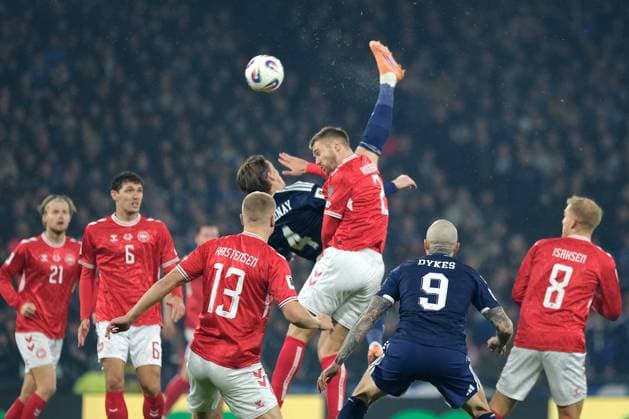 UK: Scotland v Denmark, UEFA World Cup European Qualifiers at Hampden Park, Glasgow, Scotland on 18 November 2025: Pictured: Scott McTominay (Scotland) scores a spectacular overhead kick to make it 1-0 Glasgow Hampden Park Scotland Copyright: xAlexxToddx