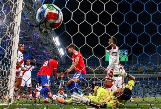 RUSSIA, SOCHI - NOVEMBER 18, 2025: Peru concedes a goal in a friendly football match between the Chilean and the Peruvian men s national football teams at Fisht Stadium. Dmitry Feoktistov TASS  85775666