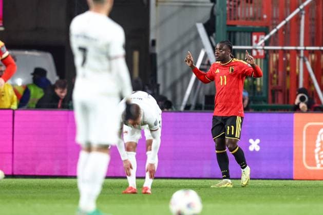Belgium s Jeremy Doku celebrates after scoring during a soccer game between Belgium s Red Devils and Liechtenstein, the last FIFA World Cup, WM, Weltmeisterschaft, Fussball 2026 qualification match, in Liege on Tuesday 18 November 2025. BRUNOxFAHY  x142523046x