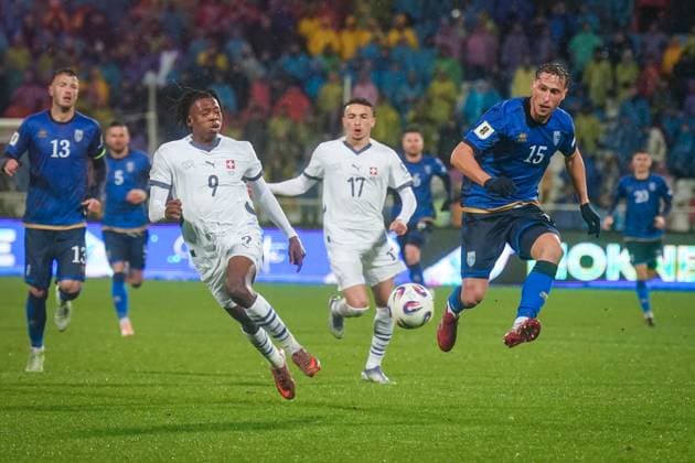 Soccer World Cup Qualification 2025 26, 10 Matchday Kosovo vs Switzerland Fadil Vokrri Stadium Pristina Johan Manzambi Switzerland, 9 Mergim Vojvoda Mergim Vojvoda Kosovo, 15 Copyright: xJOERANxSTEINSIEKx
