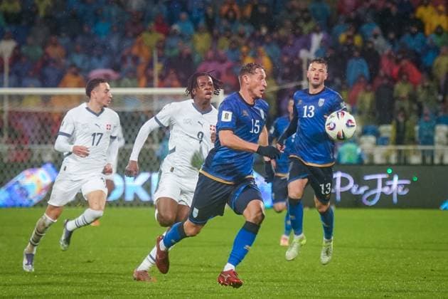 Soccer World Cup Qualification 2025 26, 10 Matchday Kosovo vs Switzerland Fadil Vokrri Stadium Pristina Johan Manzambi Switzerland, 9 Mergim Vojvoda Mergim Vojvoda Kosovo, 15 Copyright: xJOERANxSTEINSIEKx