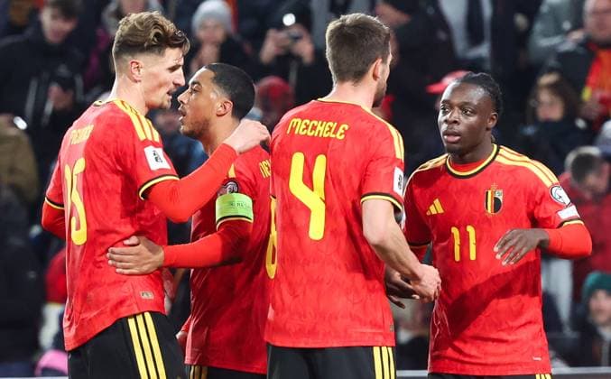 Belgium s Jeremy Doku celebrates after scoring during a soccer game between Belgium s Red Devils and Liechtenstein, the last FIFA World Cup, WM, Weltmeisterschaft, Fussball 2026 qualification match, in Liege on Tuesday 18 November 2025. VIRGINIExLEFOUR  x142524153x