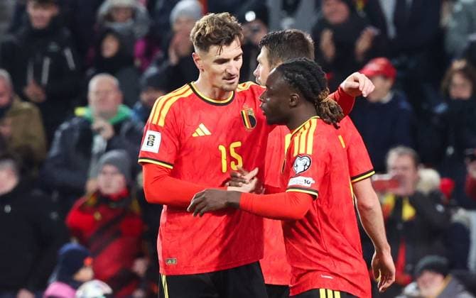 Belgium s Jeremy Doku celebrates after scoring during a soccer game between Belgium s Red Devils and Liechtenstein, the last FIFA World Cup, WM, Weltmeisterschaft, Fussball 2026 qualification match, in Liege on Tuesday 18 November 2025. VIRGINIExLEFOUR  x142524256x