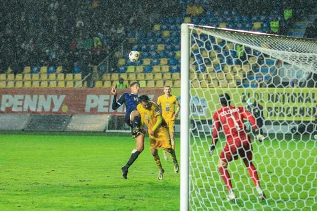 November 18, 2025, FIFA World Cup, WM, Weltmeisterschaft, Fussball Qualifier, Qualifying round, Matchday 10, Group H, Romania vs San Marino,Stadionul Ilie Oana, Ploiesti, Romania 14 Giacomo Valentini puts in a tackle on 7 Stefan Baiaram