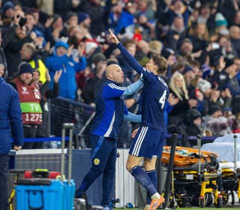 18th November 2025; Hampden Park, Glasgow, Scotland; FIFA World Cup, WM, Weltmeisterschaft, Fussball Qualifiers International Football, Scotland versus Denmark; Scott McTominay of Scotland celebrates after he scored in the 3rd minute  VagelisxGeorgariou