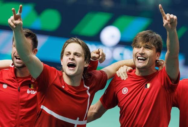 Belgian Zizou Bergs and Belgian Raphael Collignon celebrate after a tennis match between Belgian Bergs and French Rinderknech, the second match of the Davis Cup quarter-finals between Belgium and France, in Bologna, Italy, on Tuesday 18 November 2025. Davis Cup top eight Finals takes place in Bologna from November 18 to 23. BENOITxDOPPAGNE  x142525840x