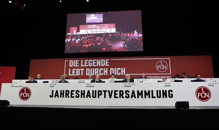 18 11 2025 Football season 2025 2026 2 Football Bundesliga General Meeting Annual General Meeting AGM 2025 Sportfoto Zink DaMa xdaxmax Podium with Supervisory Board and Management Board members f l Johannes Bisping Supervisory Board member 1 FC Nürnberg FCN Joti Chatzialexiou Chief Sports Officer 1 FC Nürnberg FCN Christian Ehrenberg Supervisory Board member 1 FC Nürnberg FCN Stefan Heim Chief Financial Officer for Accounting Controlling and Financial Accounting 1 FC Nürnberg FCN Norbert Gunkler Supervisory Board member 1 FC Nürnberg FCN Niels Rossow Chief Strategy Officer Marketing 1 FC Nürnberg FCN Sandra Hummel Member of the Supervisory Board 1 FC Nürnberg FCN Prof Axel Adrian Chairman of the Meeting Dr Ulrich Maly Former Lord Mayor of the City of Nuremberg Peter Meier Chairman of the Supervisory Board 1 FC Nürnberg FCN Chhunly Pagenburg Member of the Supervisory Board Former player 1 FC Nürnberg FCN Raphael Schäfer Schaefer Member of the Supervisory Board Former player 1 FC Nürnberg FCN Prof Dr Matthias Fifka Member of the Supervisory Board 1 FC Nürnberg FCN