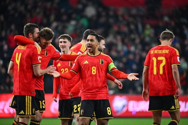 Belgium v Liechtenstein - FIFA World Cup, WM, Weltmeisterschaft, Fussball 2026 UEFA Qualifiers LIEGE, BELGIUM - NOVEMBER 18 : Mechele Brandon defender of Belgium celebrates scoring a goal with Tielemans Youri midfielder of Belgium during the FIFA World Cup 2026 UEFA European Qualifiers group J qualifying round matchday 10 between Belgium and Liechtenstein on November 18, 2025 in Liege, Belgium, 18 11 2025 Liege Belgium  Copyright: xVincentxKalutx