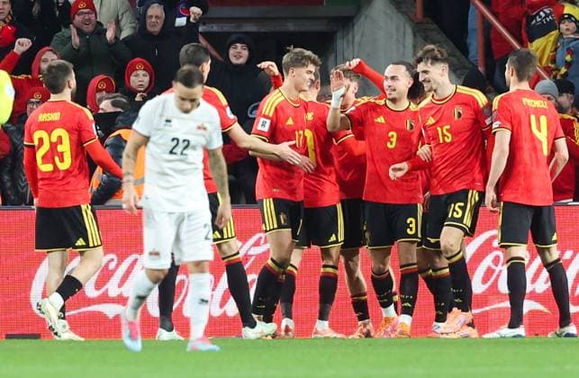 Belgium s Alexis Saelemaekers celebrates after scoring during a soccer game between Belgium s Red Devils and Liechtenstein, the last FIFA World Cup, WM, Weltmeisterschaft, Fussball 2026 qualification match, in Liege on Tuesday 18 November 2025. VIRGINIExLEFOUR  x142530306x