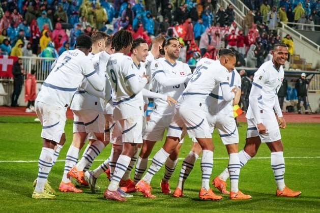 Soccer World Cup Qualification 2025 26, 10 Matchday Kosovo vs Switzerland Fadil Vokrri Stadium Pristina Goal and goal celebration to 0 1 by Ruben Vargas Switzerland, 17 Joy, emotions, jubilation Pristina Kosovo Copyright: xJOERANxSTEINSIEKx