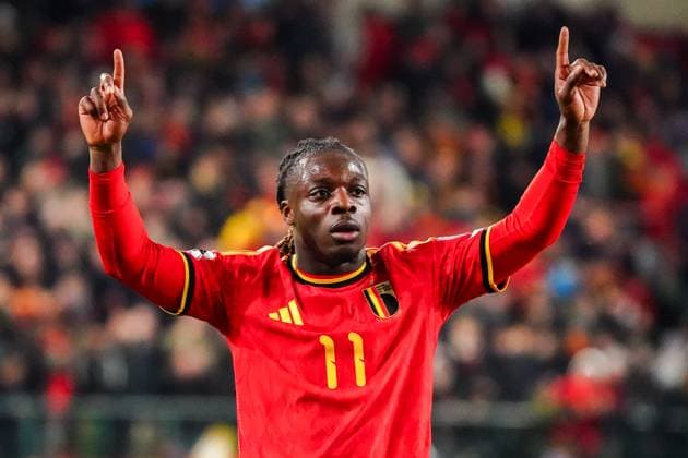 2025-11-18 Belgium v Liechtenstein - FIFA 2026 World Cup Qualifier LIEGE, BELGIUM - NOVEMBER 18: Jeremy Doku of Belgium celebrates after scoring his teams third goal prior to the FIFA 2026 World Cup Qualifier match between Belgium and Liechtenstein at Stade Maurice Dufrasne on November 18, 2025 in Liege, Belgium. (Photo by Gabriel Calvino Alonso BSR Agency) Liege Belgium Content not available for redistribution in The Netherlands directly or indirectly through any third parties. Copyright: xBSRxAgencyx