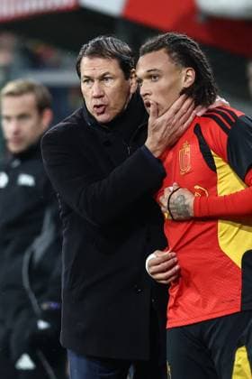 Belgium s head coach Rudi Garcia and Belgium s Diego Da Silva Moreira pictured during a soccer game between Belgium s Red Devils and Liechtenstein, the last FIFA World Cup, WM, Weltmeisterschaft, Fussball 2026 qualification match, in Liege on Tuesday 18 November 2025. BRUNOxFAHY  x142533219x