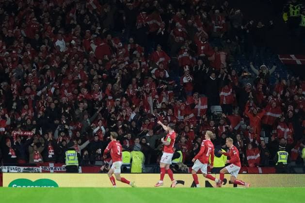 UK: Scotland v Denmark, UEFA World Cup European Qualifiers at Hampden Park, Glasgow, Scotland on 18 November 2025: Pictured: Rasmus Hojlund (Denmark) scores a penalty to make it 1-1 Glasgow Hampden Park Scotland Copyright: xAlexxToddx