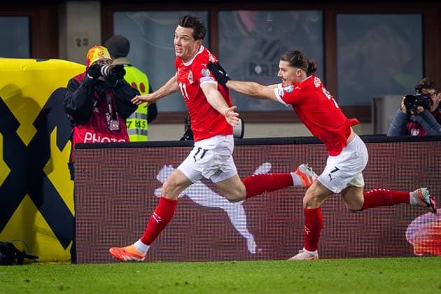 AUSTRIA - BOSNIA AND HERZEGOVINA Michael Gregoritsch of Austria celebrates a goal with Marcel Sabitzer during European qualifier of FIFA World Cup, WM, Weltmeisterschaft, Fussball WM, Weltmeisterschaft, Fussball 2026 football match between Austria and Bosnia and Herzegovina. Ernst Happel Stadion, Vienna, Austria, November 18, 2025. Photo by Branislav Racko Copyright: xx 080A1786