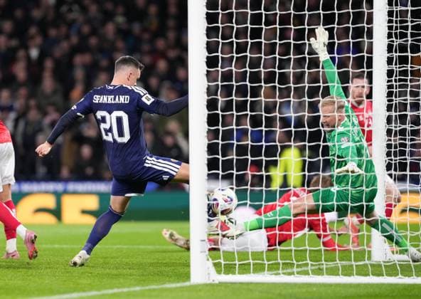 Lawrence Shankland of Scotland scores to give Scotland a 2-1 lead. Scotland v Denmark, FIFA 2026 World Cup Qualifying, Group C, Football, Hampden Park, Glasgow, Scotland, UK - 18 Nov 2025Glasgow Hampden Park United Kingdom EDITORIAL USE ONLY No use with unauthorised audio, video, data, fixture lists, club league logos or live services. Online in-match use limited to 120 images, no video emulation. No use in betting, games or single club league player publications. Copyright: xStuartxWallace Shutterstockx 15846619an