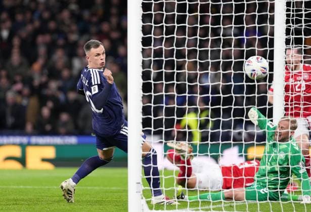 Lawrence Shankland of Scotland scores to give Scotland a 2-1 lead. Scotland v Denmark, FIFA 2026 World Cup Qualifying, Group C, Football, Hampden Park, Glasgow, Scotland, UK - 18 Nov 2025Glasgow Hampden Park United Kingdom EDITORIAL USE ONLY No use with unauthorised audio, video, data, fixture lists, club league logos or live services. Online in-match use limited to 120 images, no video emulation. No use in betting, games or single club league player publications. Copyright: xStuartxWallace Shutterstockx 15846619ar