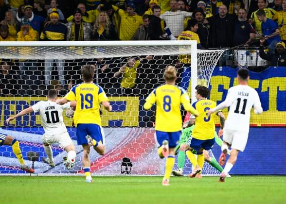 STOCKHOLM, SWEDEN 20251118 Slovenias 10 Timi Max ElÅ¡nik scores a goal during Tuesdays World Cup Group B qualifying match between Sweden and Slovenia at Strawberry arena STOCKHOLM SWEDEN x10050x  Copyright: xPontusxLundahl TTx VM-KVAL SVERIGE-SLOVENIEN