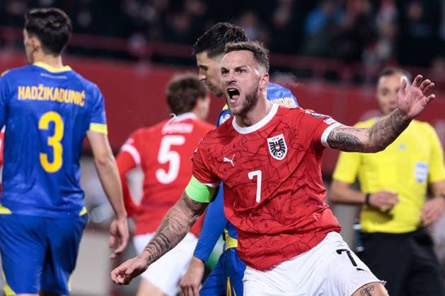 SOCCER - FIFA WC quali, AUT vs BIH VIENNA,AUSTRIA,18.NOV.25 - FIFA World Cup, WM, Weltmeisterschaft, Fussball 2026, European Qualifiers, group stage, OEFB international match, Länderspiel, Nationalmannschaft Austria vs Bosnia and Herzegovina. Image shows the rejoicing of Marko Arnautovic (AUT).  GEPAxpictures xArminxRauthner
