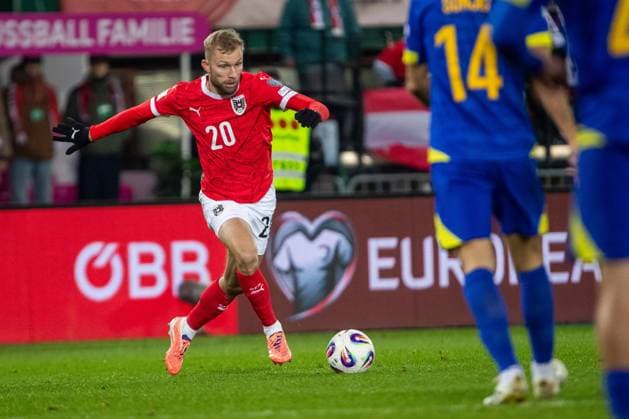SOCCER - FIFA WC quali, AUT vs BIH VIENNA,AUSTRIA,18.NOV.25 - FIFA World Cup, WM, Weltmeisterschaft, Fussball 2026, European Qualifiers, group stage, OEFB international match, Länderspiel, Nationalmannschaft Austria vs Bosnia and Herzegovina. Image shows Konrad Laimer (AUT).  GEPAxpictures xPhilippxBrem